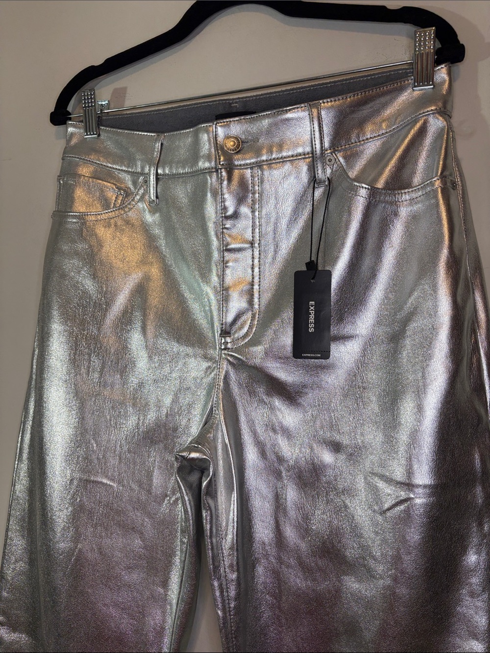 Express High Waisted Metallic Faux Leather Modern Straight Leg Silver Reflective